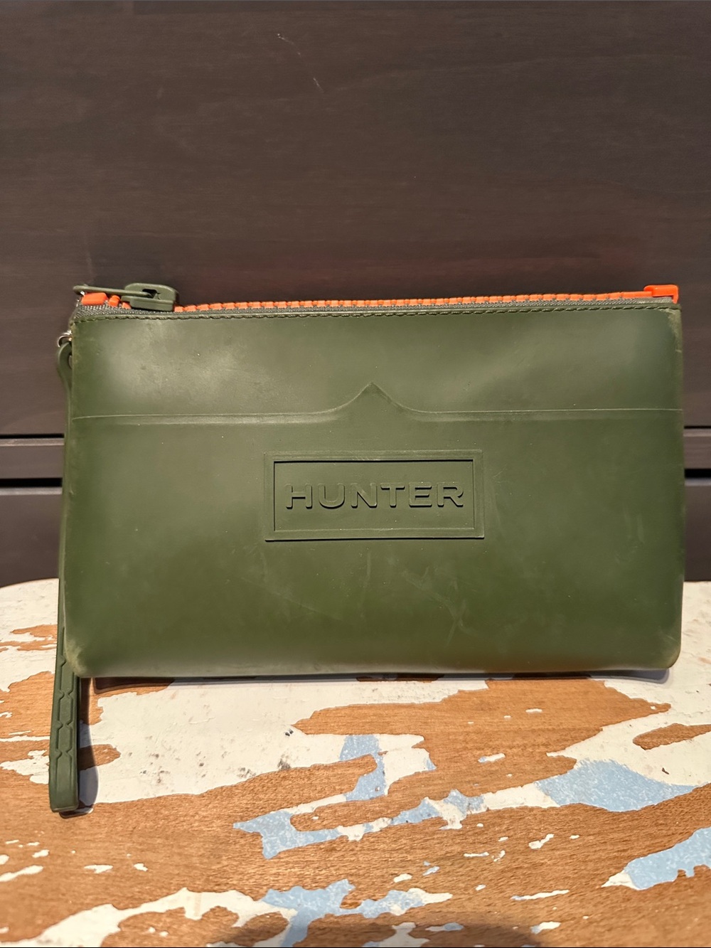 Hunter Olive Green Toiletry Pouch with Orange Zip